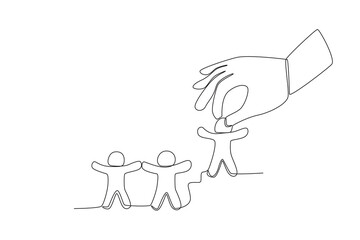 A big hand and three children. World population day one-line drawing