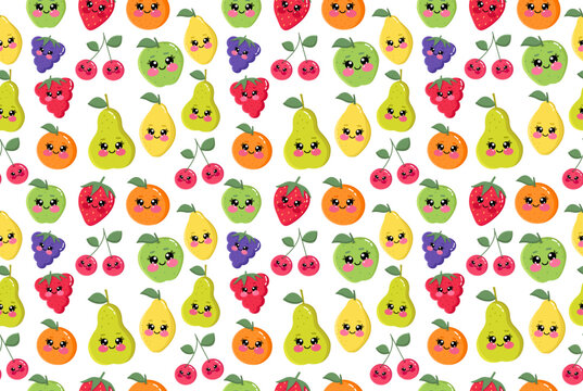 Cute kawaii fruits seamless pattern for kids on white isolated background