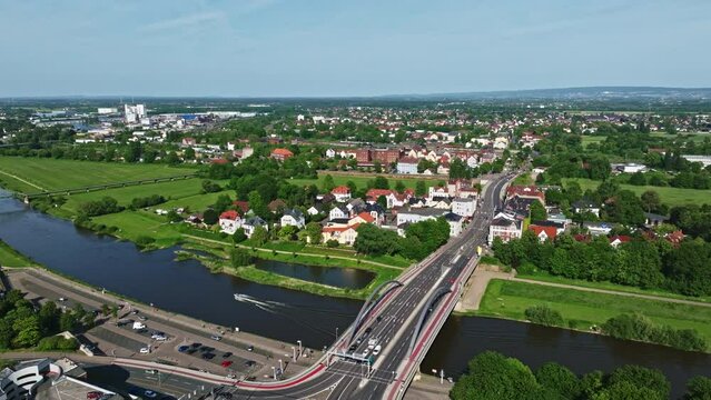 Drone shot of weser river in Minden town , a middle-sized town in the very north-east of North Rhine-Westphalia, Germany