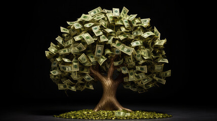 Drzewko pieniędzy, waluta uniwersalna. Pieniądze-liście na drzewie i pod drzewem