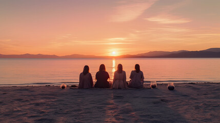 Przyjaciółki siedzą na plaży i oglądają wschód słońca. Romantyczny klimat. - obrazy, fototapety, plakaty