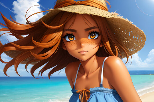 Garota estilo anime com pele bronzeada na praia