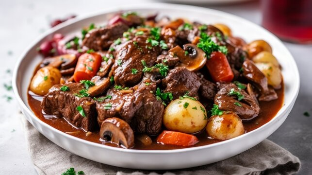 Top view of a Beef Bourguignon dish