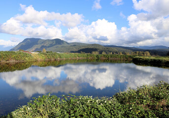 Distant mountains reflected in the tranquil pond