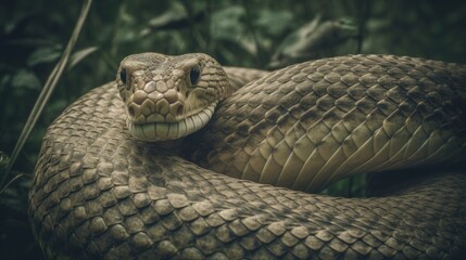 A close up of a snake with its mouth open. Generative AI image.