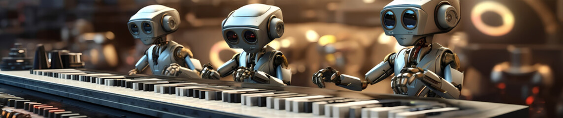 Three Robots at an Abstract Grand Piano Keyboard with 3D Keys, Amber Illuminated Background, Created with Generative AI Technology