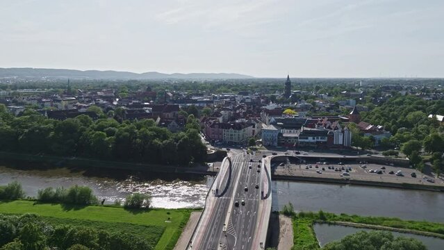 Drone shot of weser river in Minden town , a middle-sized town in the very north-east of North Rhine-Westphalia, Germany