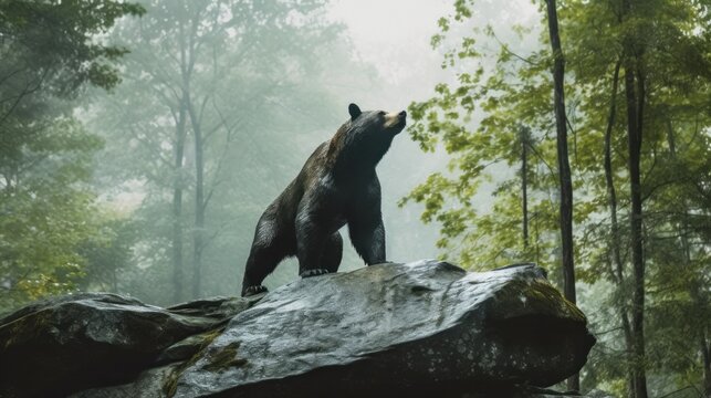 A brown bear standing on top of a large rock. Generative AI image.