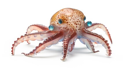 An octopus with blue eyes sitting on a white surface. Generative AI image.