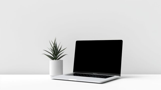 A laptop computer sitting on top of a white desk. Generative AI image.
