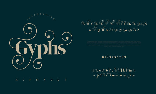 Gyphs elegant luxury abstract wedding fashion logo font alphabet. Minimal classic  urban fonts for logo, brand etc. Typography typeface uppercase lowercase and number. vector illustration