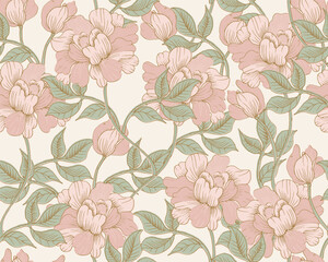 Vintage Hand Drawn Peach Rose Seamless Pattern