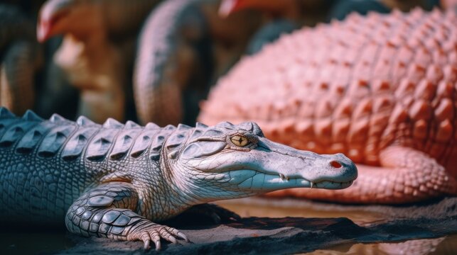 A close up of a toy alligator on a rock. Generative AI image.