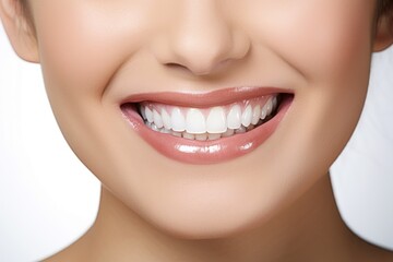 Fototapeta premium a close up photo of the lower part of a female face. beautiful cute smile with very clean perfect teeth. chin, nose and mouth visible. dental service advertisement. white background. Generative AI