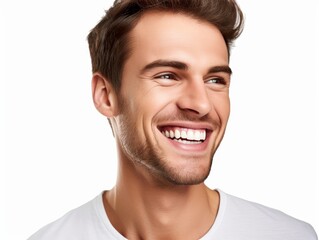 Obraz premium a closeup photo portrait of a handsome man smiling with clean teeth. used for a dental ad. guy with fresh stylish hair and beard with strong jawline. isolated on white background. Generative AI