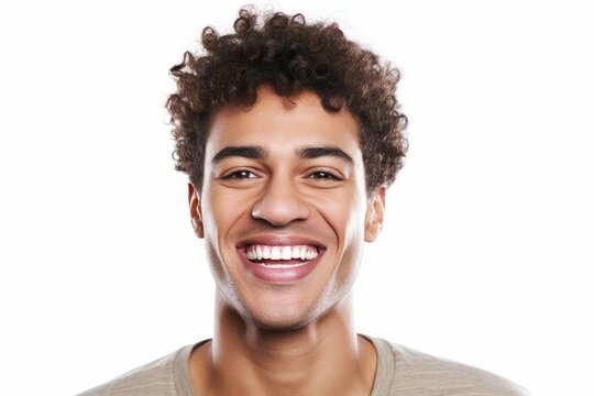 a closeup photo portrait of a handsome black man smiling with clean teeth. used for a dental ad. guy with fresh stylish hair and beard with strong jawline. isolated on white background. Generative AI