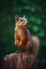 Obraz premium A squirrel sitting on top of a tree stump. Generative AI image.
