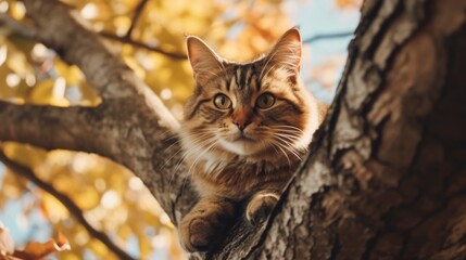 A cat sitting in a tree looking at the camera. Generative AI image.
