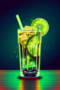 Cocktail Drink im großen Cocktailglas / Longdrinkglas mit Limetten und Strohhalm in Neonfarben und Neonlicht. Hochkant. Hochformat. Generative Ai.
