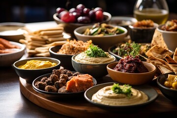 A lavish Arabic mezze spread featuring hummus, baba ganoush, falafel, and olives.