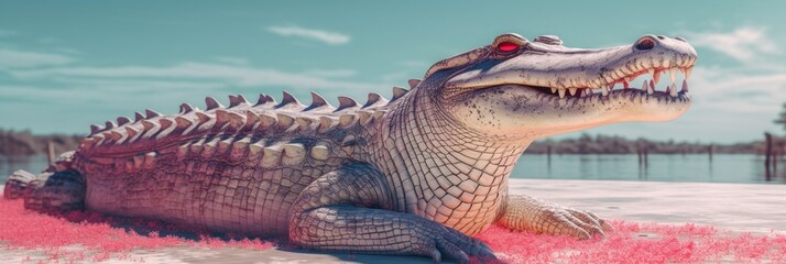 A large statue of a crocodile sitting on a beach. Generative AI image.