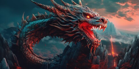 A large dragon with red eyes is in the mountains. Generative AI image.