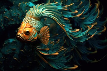A close up of a fish on a black background. Generative AI image.