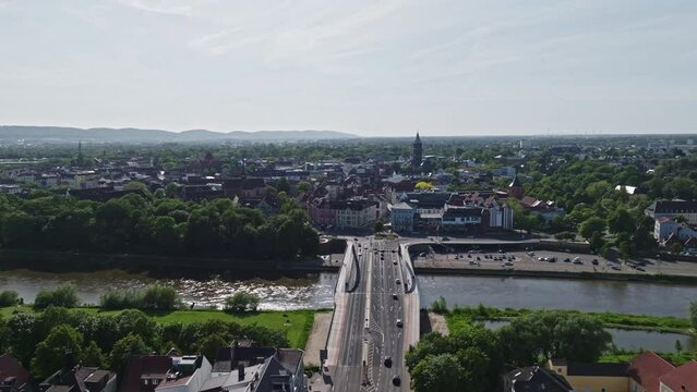 Drone shot of weser river in Minden town , a middle-sized town in the very north-east of North Rhine-Westphalia, Germany