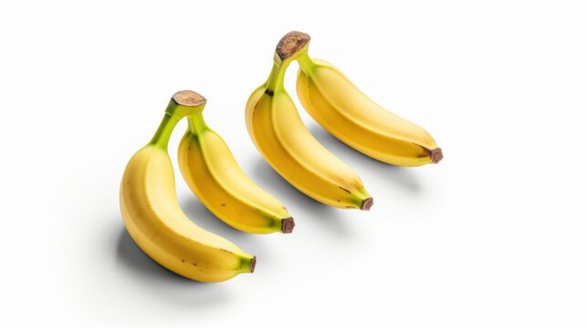 Three bunches of bananas on a white surface. Generative AI image.