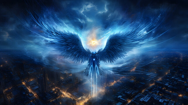 pc wallpaper and image for other uses, electric angel flying through the city