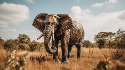 Naklejka premium A statue of an elephant standing in a field. Generative AI image.