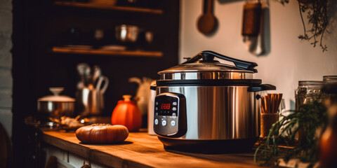 A crock pot sitting on top of a wooden counter. Generative AI image.