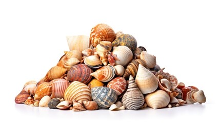 A pile of sea shells on a white surface. Generative AI image.