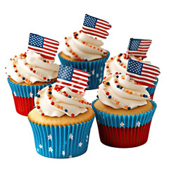 patriotic themed cupcakes with flag decorations isolated on a transparent background, generative ai