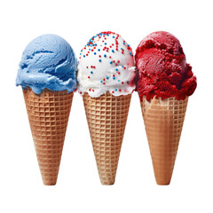 patriotic ice cream cones with red white and blue sprinkles isolated on a transparent background, generative ai