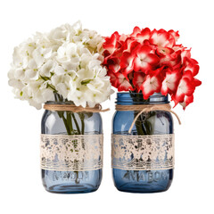 patriotic-themed mason jars filled with flowers isolated on a transparent background, generative ai