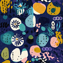 Modern naive collage paper cut out shapes pattern with fabric effect design. Seamless contemporary fun nature inspired textile print repeat for trendy summer background designs.