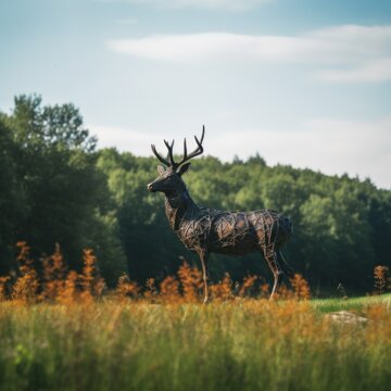 A statue of a deer in a field of tall grass. Generative AI image.