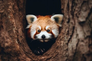 Fototapeta premium A red panda peeks out of a hole in a tree. Generative AI image.
