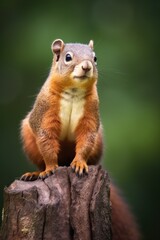 Naklejka na ściany i meble A squirrel sitting on top of a tree stump. Generative AI image.