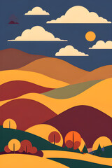 Image of a autumn landscape with trees and hills and clouds. Art deco minimalism art.
(AI-generated fictional illustration)
