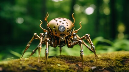 Fototapeta premium A close up of a spider on a mossy surface. Generative AI image.