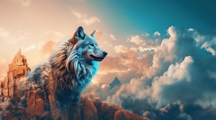 A wolf standing in front of a castle in the clouds. Generative AI image.