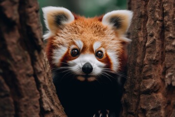 A close up of a red panda looking out of a tree. Generative AI image.