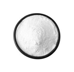 Bowl of sweet fructose powder isolated on white, top view