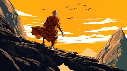 A monk challenging themselves to overcome an impossible obstacle. Fantasy concept , Illustration painting. - obrazy, fototapety, plakaty