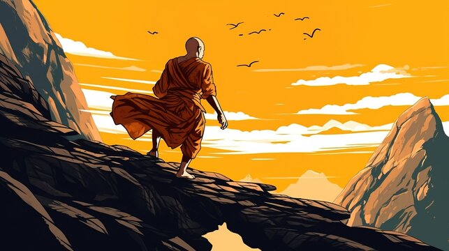 A monk challenging themselves to overcome an impossible obstacle. Fantasy concept , Illustration painting.