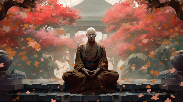 A monk meditating in a peaceful garden. Fantasy concept , Illustration painting.