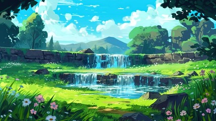 A peaceful waterfall in a meadow. Fantasy concept , Illustration painting.