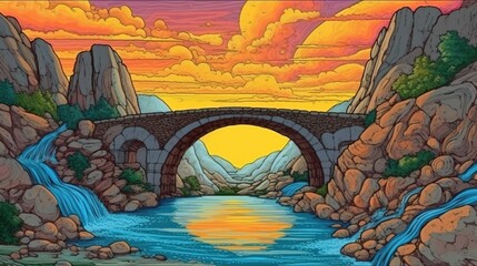 A rainbow bridge over a chasm. Fantasy concept , Illustration painting.